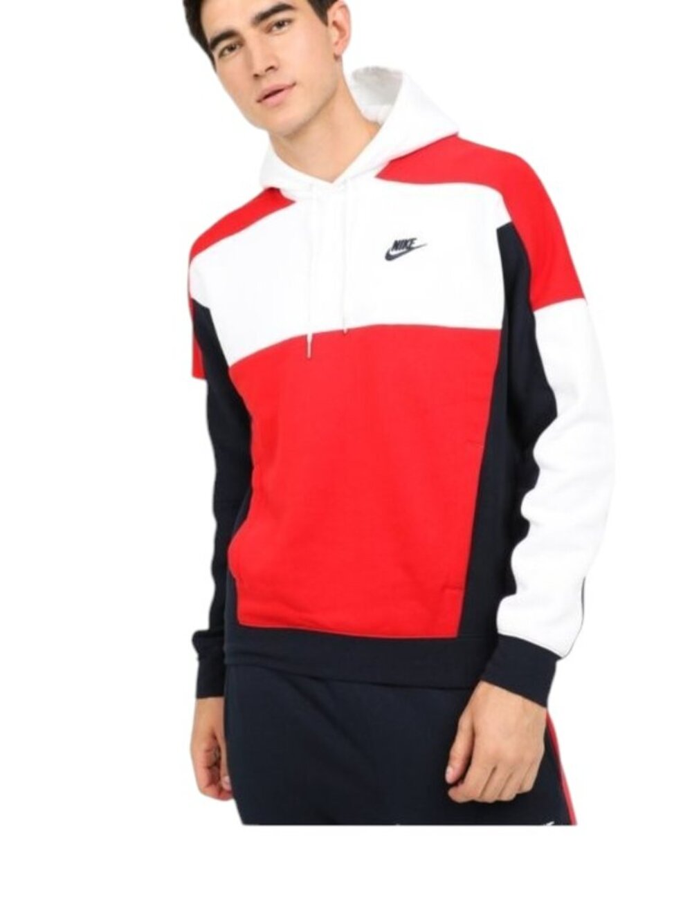 Nike Men's Red White Navy Blue Panel Blocked Drawstring Long Sleeve Hoodie